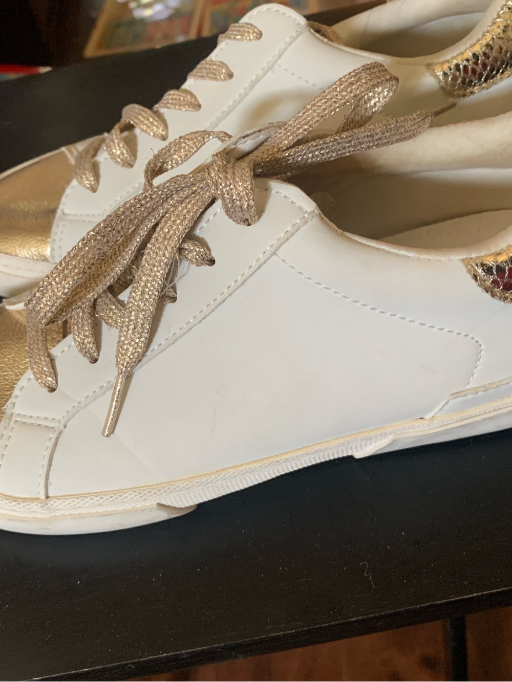 Target White Sneakers with Gold Laces and Gold Heel Accent